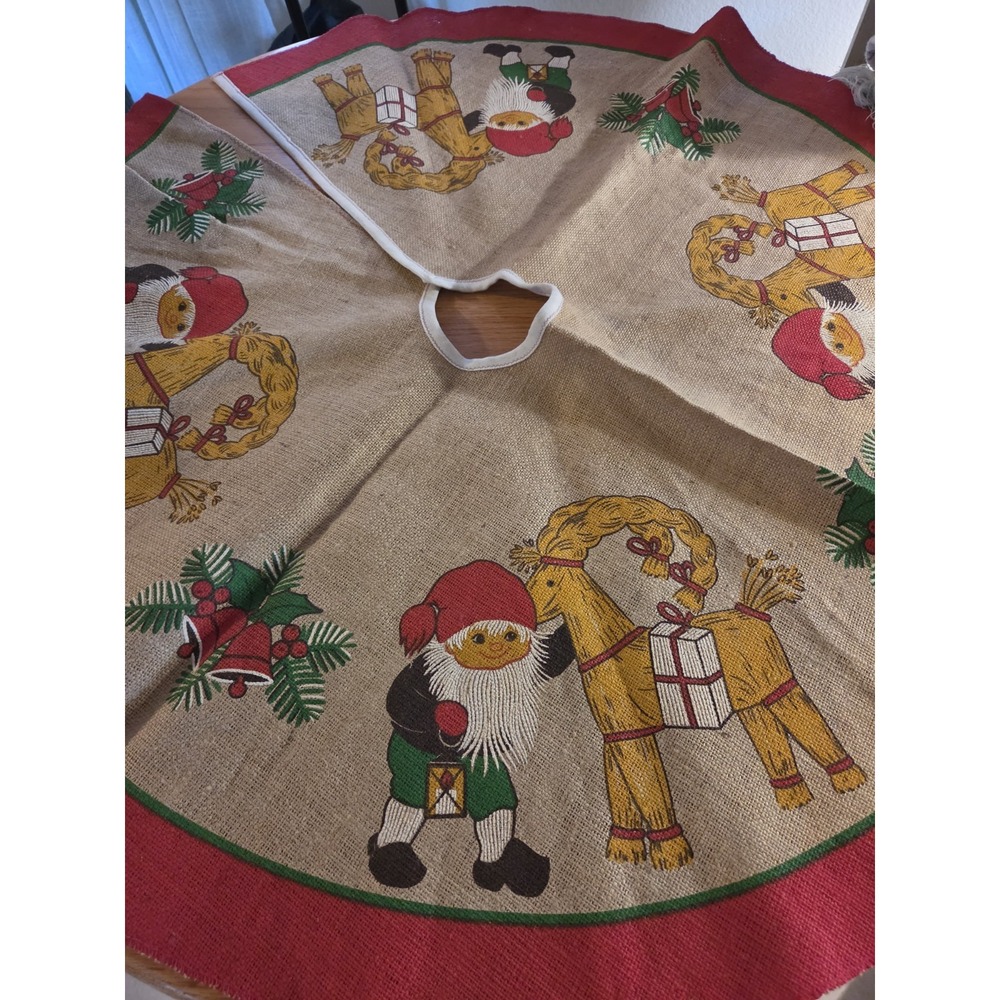 Vintage Scandinavian Burlap Jute Christmas Tree Skirt Old World Retro
